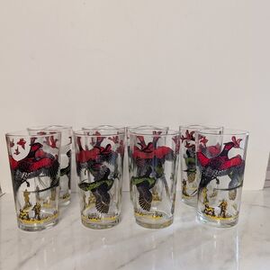 Set of 8 Vintage Bird Highball Glasses - Red, Green, Yellow Design